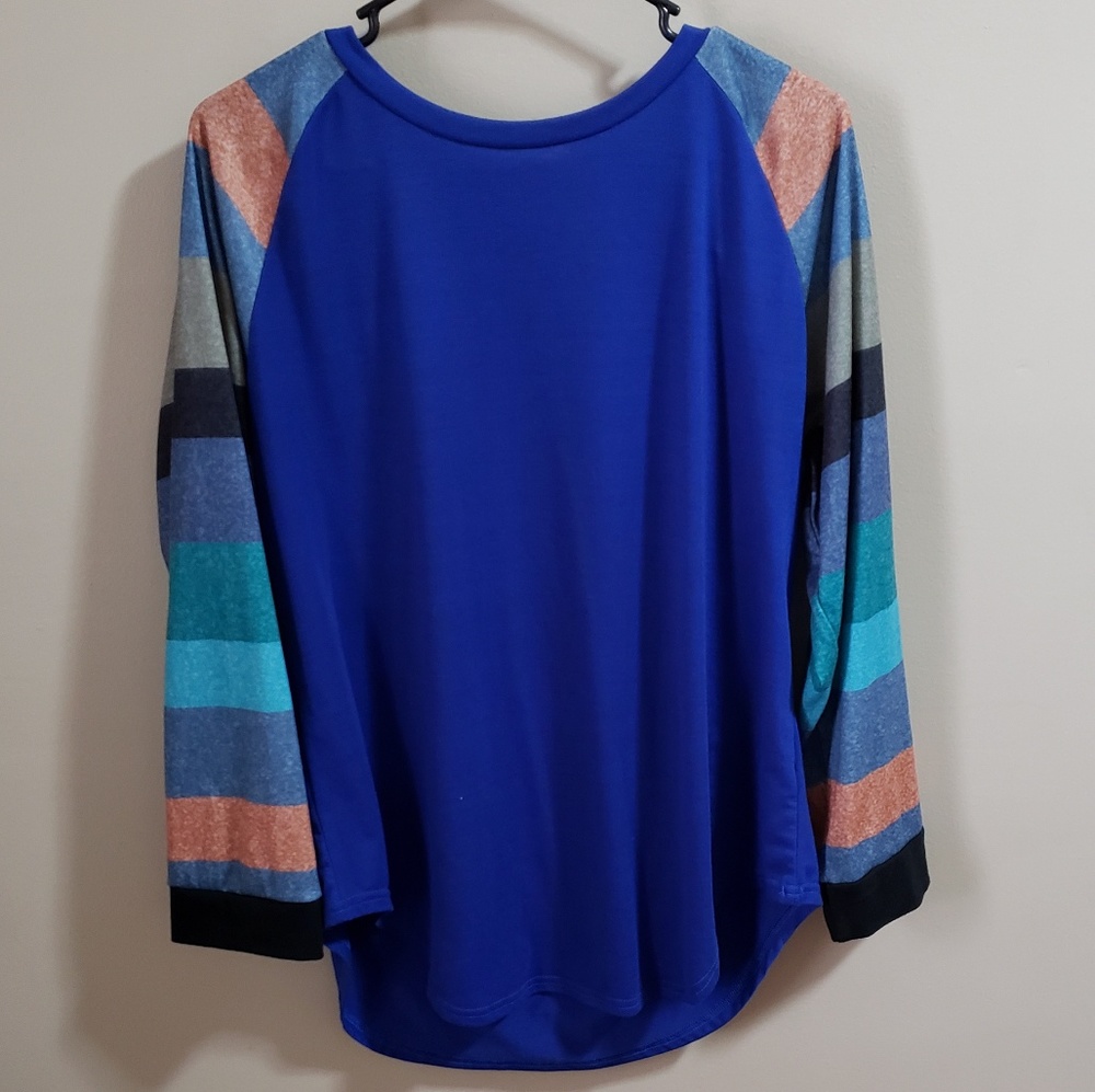 Boutique blouse- royal blue with stripped sleeves